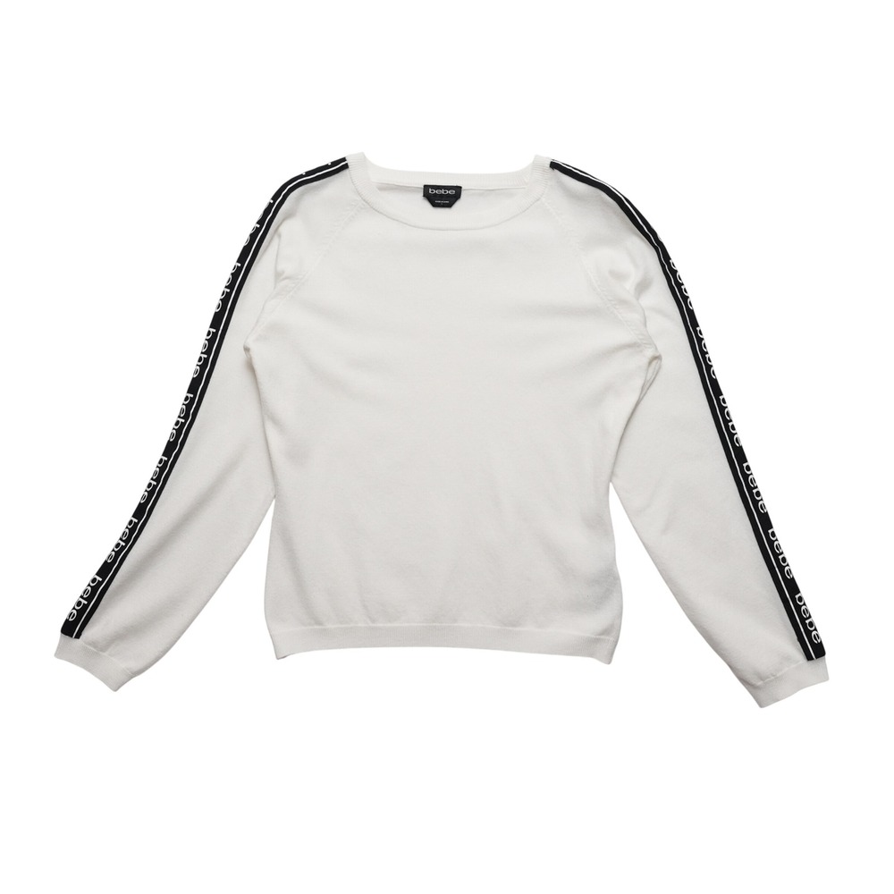 Bebe Womens Large White Knit Sweater Logo Tape Y2K Athleisure Top